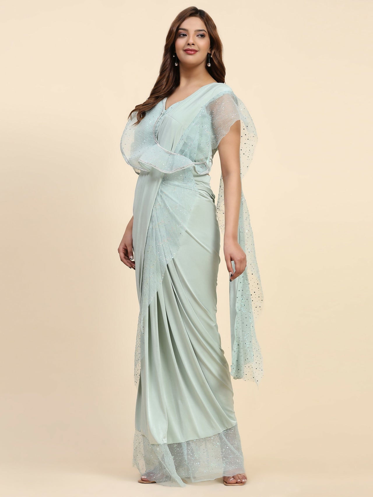 Light Blue Lycra Solid Ready to Wear Saree with stitched Blouse - Nita - Distacart