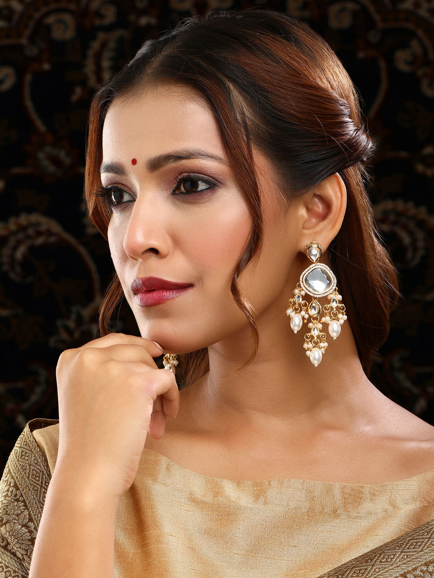 Ruby Raang 22k Gold Polished Kundan Earrings With Pearls