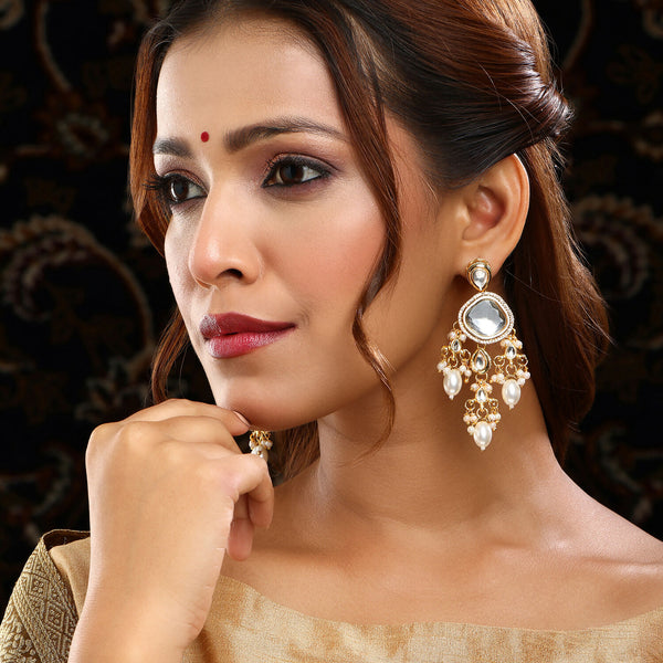 Ruby Raang 22k Gold Polished Kundan Earrings With Pearls