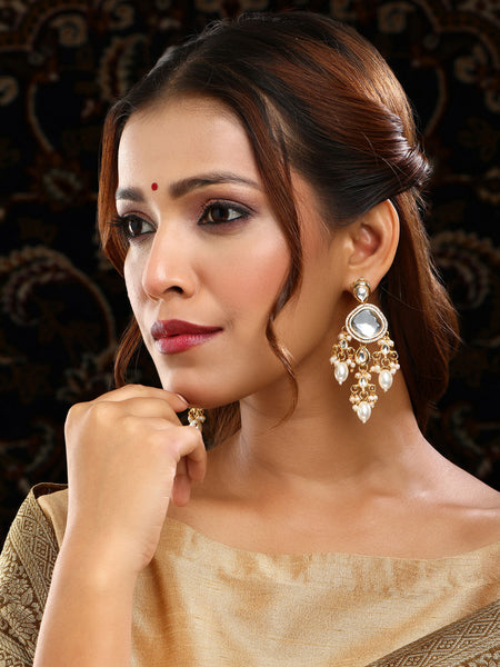 Ruby Raang 22k Gold Polished Kundan Earrings With Pearls