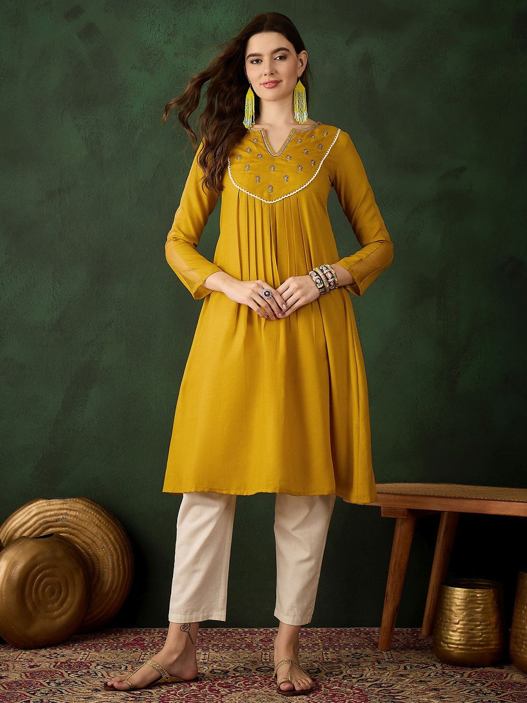 Sangria Floral Embroidered Thread Work Cotton A-Line Kurta - Distacart