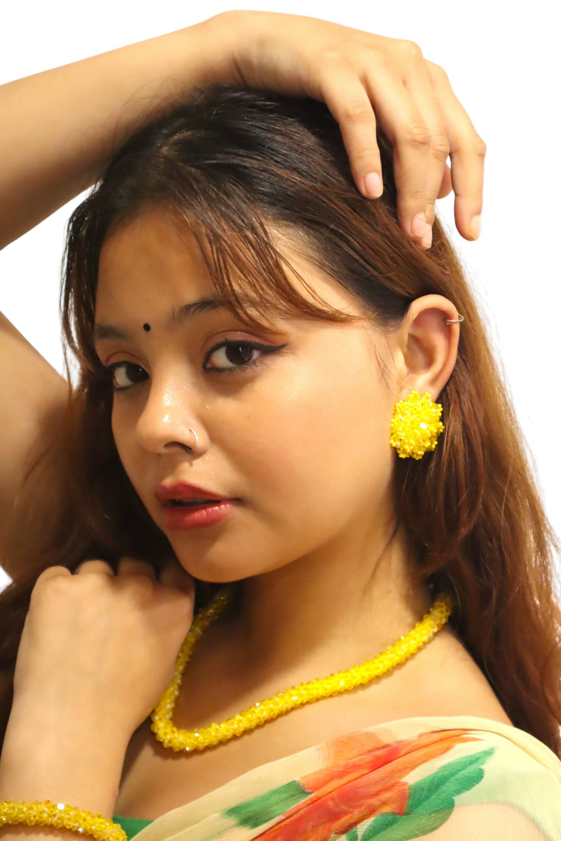 Inhanns Complete Look Crystal Statement 3-Piece Set (Adjustable Necklace + Earrings + Adjustable Bangle ) - Yellow - Distacart