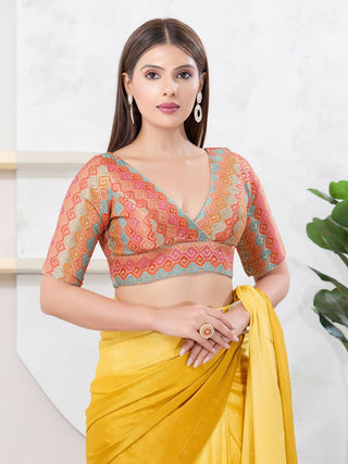 Joban Fashion Peach Brocade Elbow Sleeveless Back Open Blouse