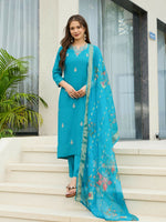 Thumbnail for The52 Blue Women's Gorgeous Viscose Fabric Embroidered Work Straight Kurta, Pant and Dupatta Set - Distacart