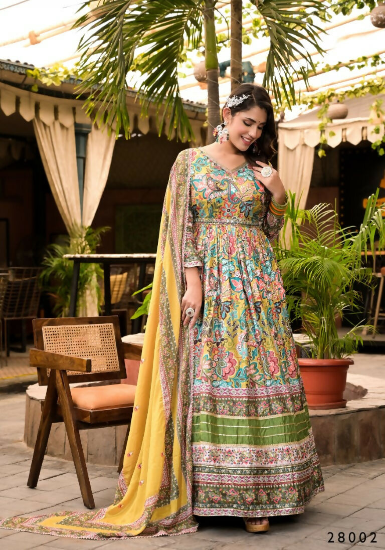 Wedding Designer Multi Soft Dola Silk Anarkali suit with Dupatta - Sanj - Distacart