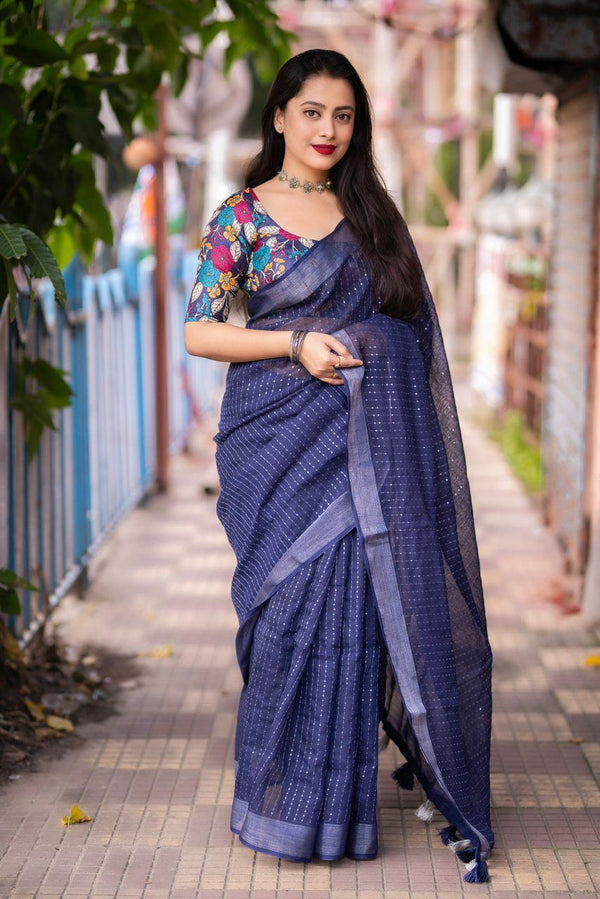 Nblue Linen Sequence Saree with Unstitched Blouse - Hiral Fashion - Distacart