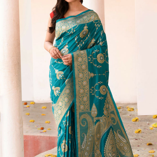 Joban Fashion Teal Green Banarasi Soft Pure Handloom Banarasi Silk Saree