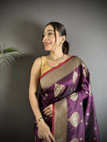 Thumbnail for Joban Fashion Purple & Green Woven Butti Soft Silk Banarasi Silk Saree - Distacart