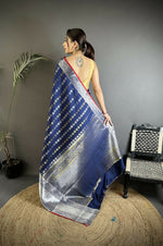Thumbnail for Joban Fashion Navy Blue Checked Soft Silk Kanjivaram Silk Saree - Distacart