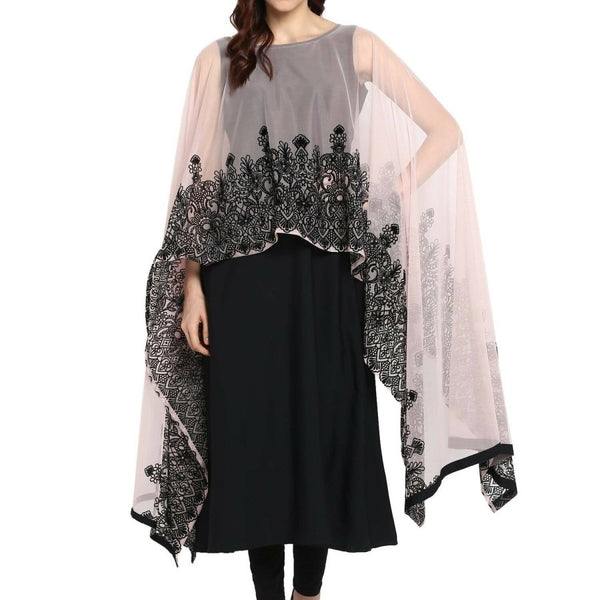 Ahalyaa Women's Beautiful Black Crepe Printed Kurta with Attached Dupatta - Distacart