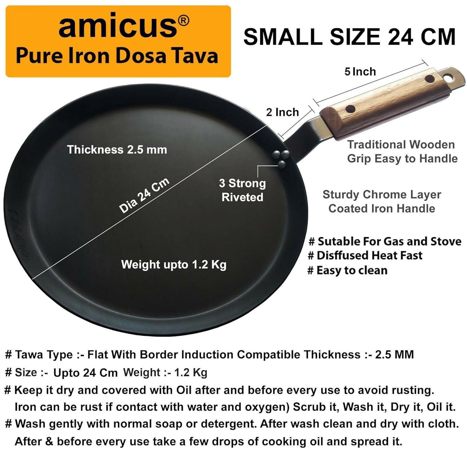 Amicus Pure Iron Tawa for Dosa Roti Chapati Paratha, Flat Iron Dosa Tava with Wooden Handle