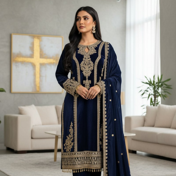 Teeya Creation Blue Color Velvet Fabric Designer Embroidery Work Suit