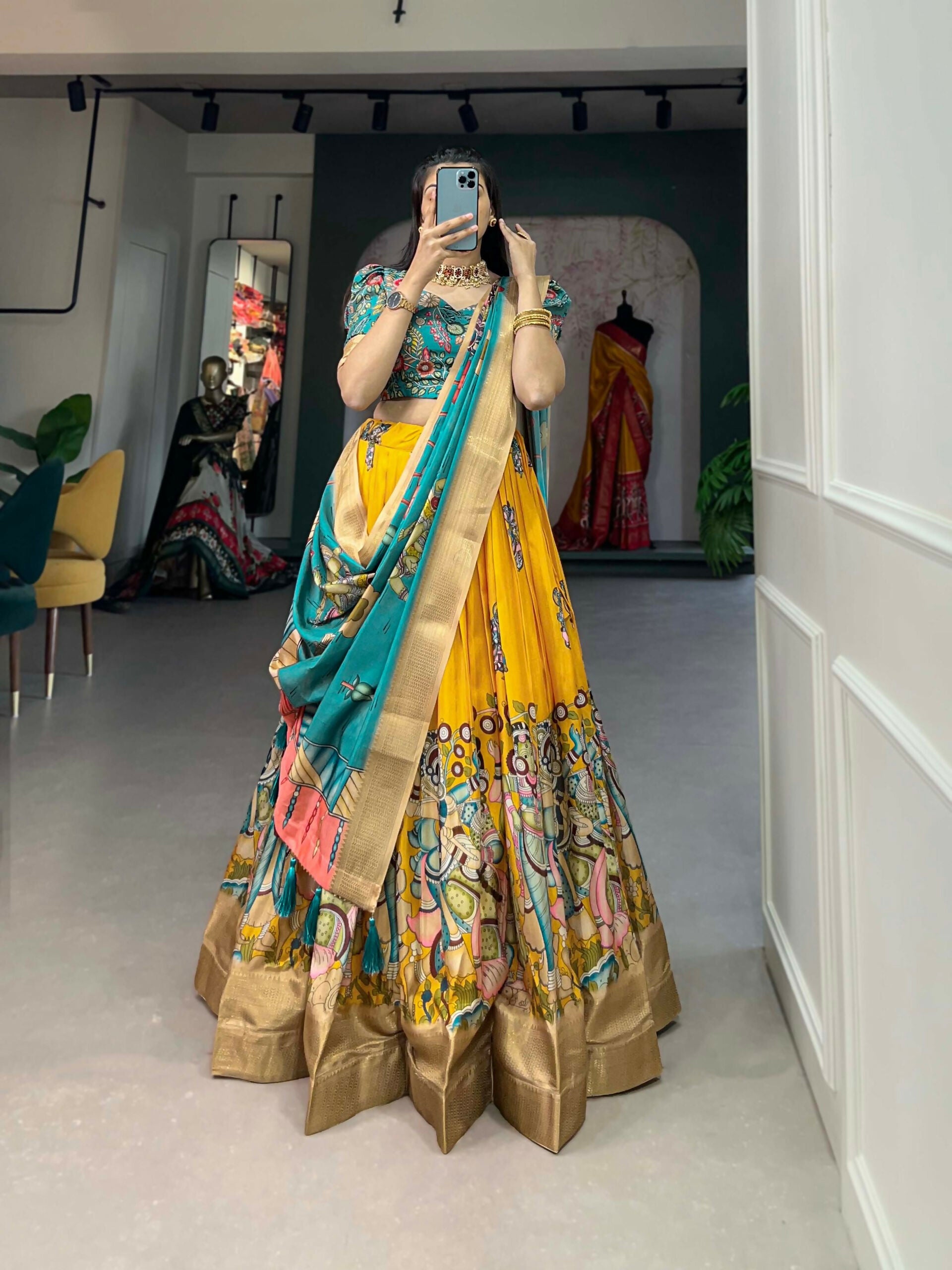 Vastranavya Kalamkari Print With Weaving Border Lehenga with Unstitched Blouse - Yellow - Distacart