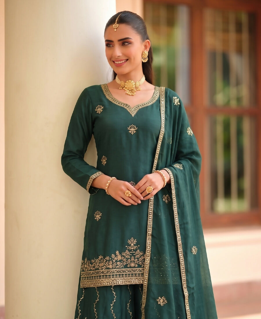 KC Green Ethnic Wear Ready Made Chinon Suit For Women - Dista