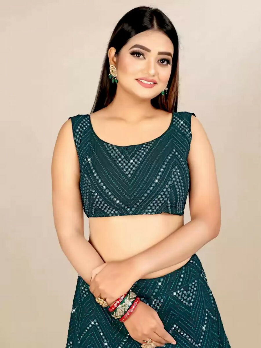 Jyoti Fashion Classy Bottle Green Georgette 3MM Sequins with Thread Embroidery Lehenga Choli with Dupatta - Distacart