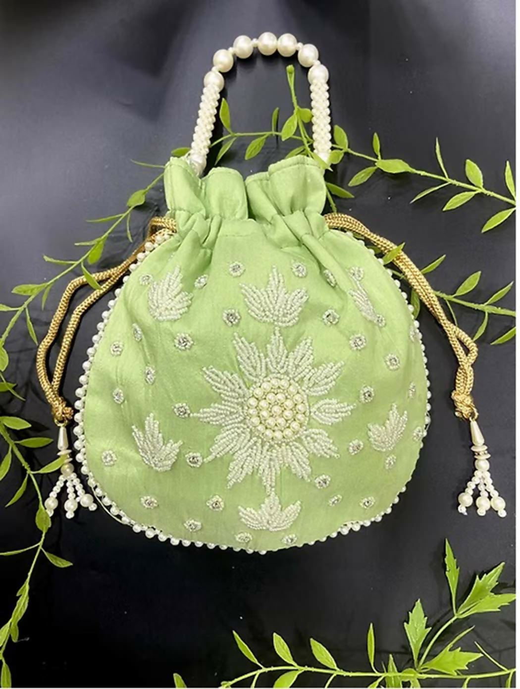 Joban Fashion Pearl Hand Work Potli Bag - Light Green - Dista