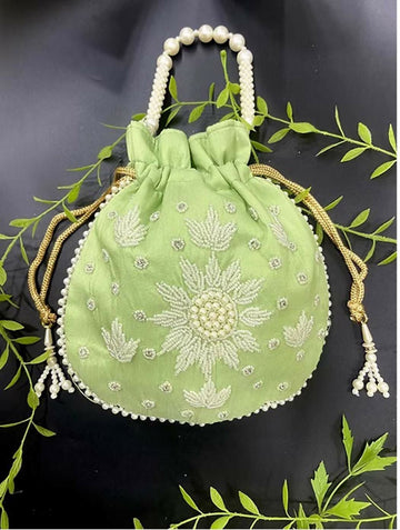 Joban Fashion Pearl Hand Work Potli Bag - Light Green - Dista