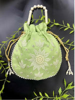 Thumbnail for Joban Fashion Pearl Hand Work Potli Bag - Light Green