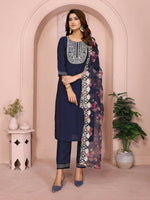 Thumbnail for Joban Fashion Women Navy Blue Roman Embroidery Stitched Kurta Set - Distacart