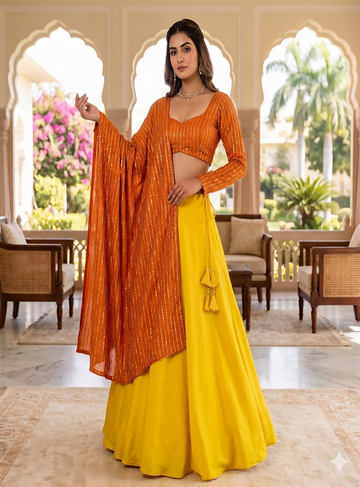 Teeya Creation Women's New Orange Designer Lehenga Choli Set with Sequin Embroidery Work - Dista