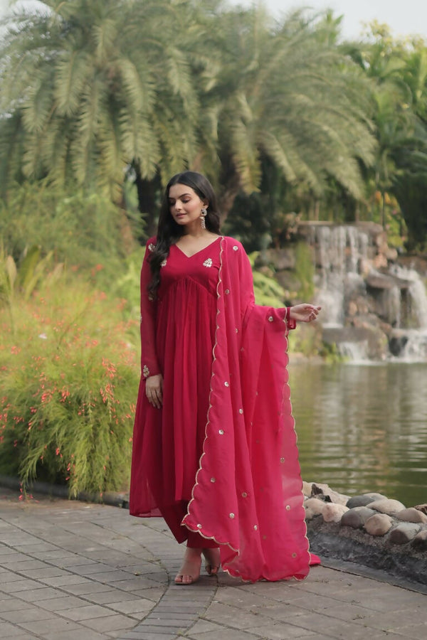 Jyoti Fashion Women's Pink Faux Blooming Embroidered Kurta with Trouser & Dupatta - Distacart