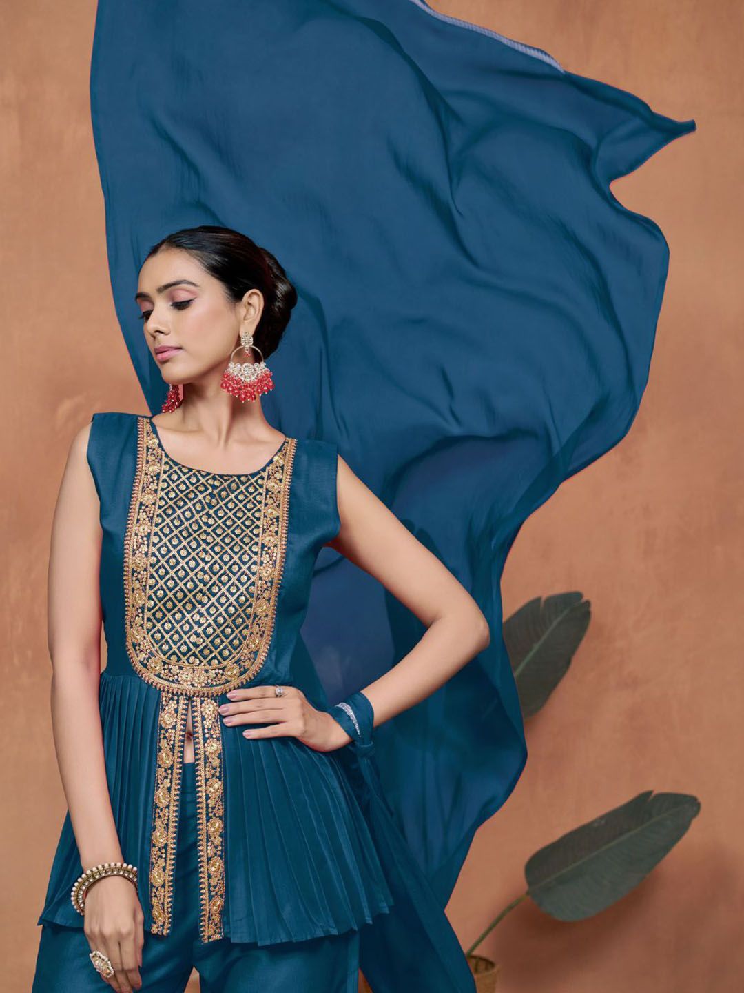 Sangria Floral Embroidered A-Line Kurta & Palazzo With Dupatta