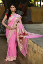 Thumbnail for Joban Fashion Baby Pink Crepe Chiffon Pure Handloom Banarasi Silk Saree