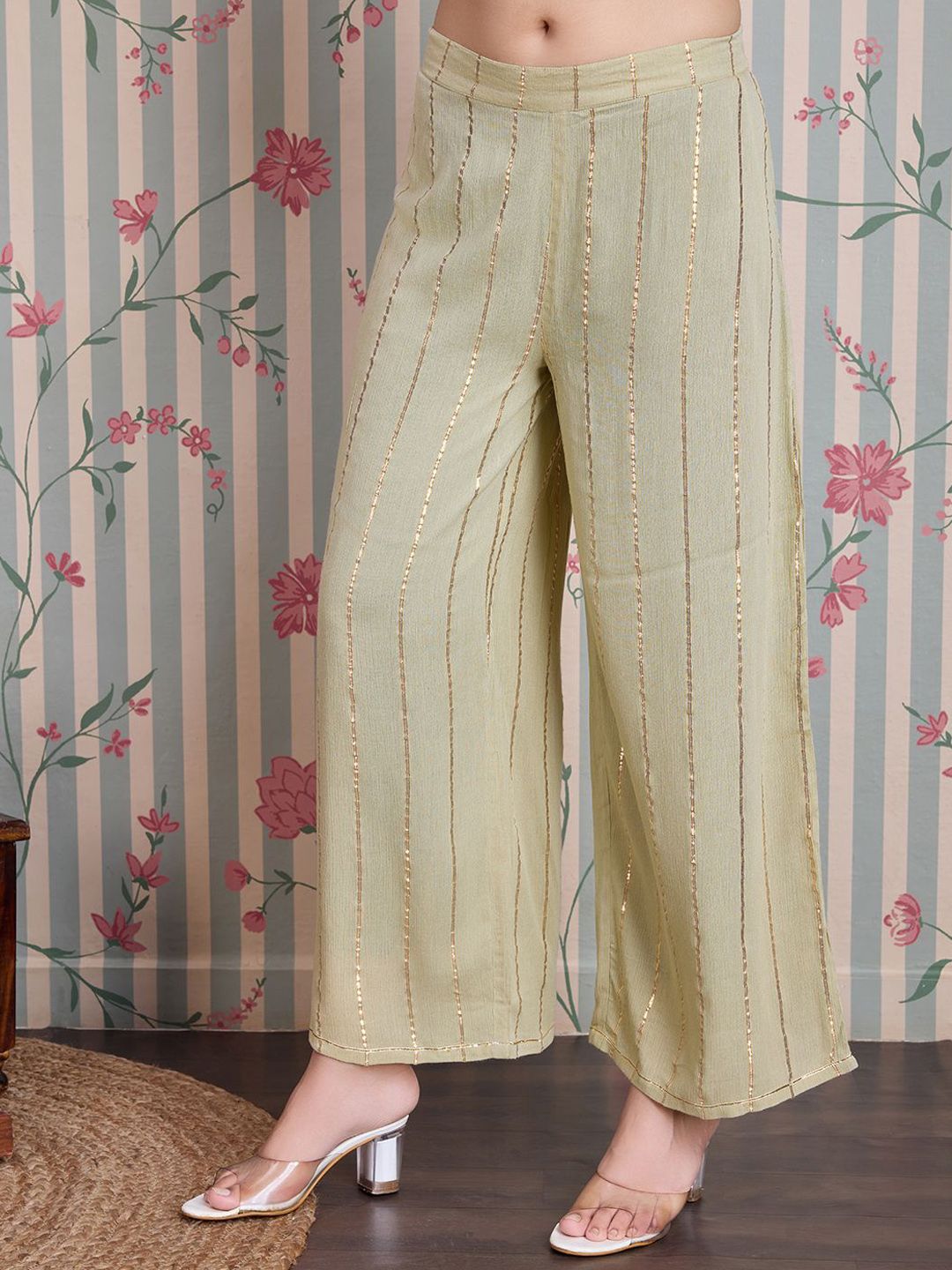 Ode by House of Pataudi Striped Straight Kurta with Palazzos & With Dupatta - Distacart