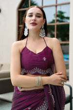 Thumbnail for Vastranavya Wine Embroidery Work Shimmer Chiffon Saree with Unstitched Blouse