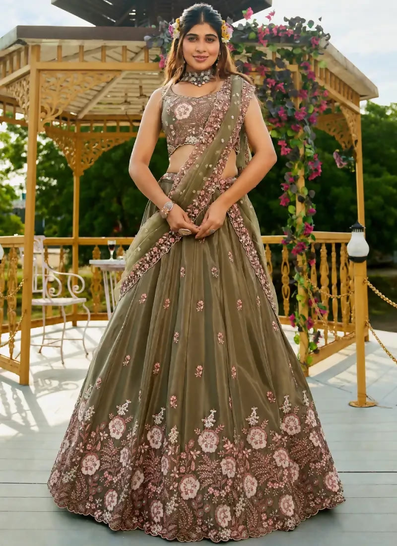 Jihu Culture Women’s Semi-Stitched Olive Green Zari Sequence Thread Embroidery Work Lehenga Choli With Net Dupatta - Dista