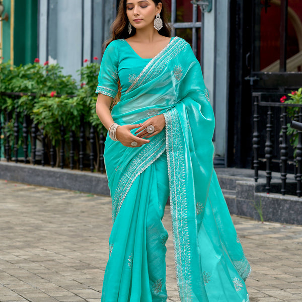 Vastranavya Turquoise Embroidery Work Shimmer Chiffon Saree with Unstitched Blouse