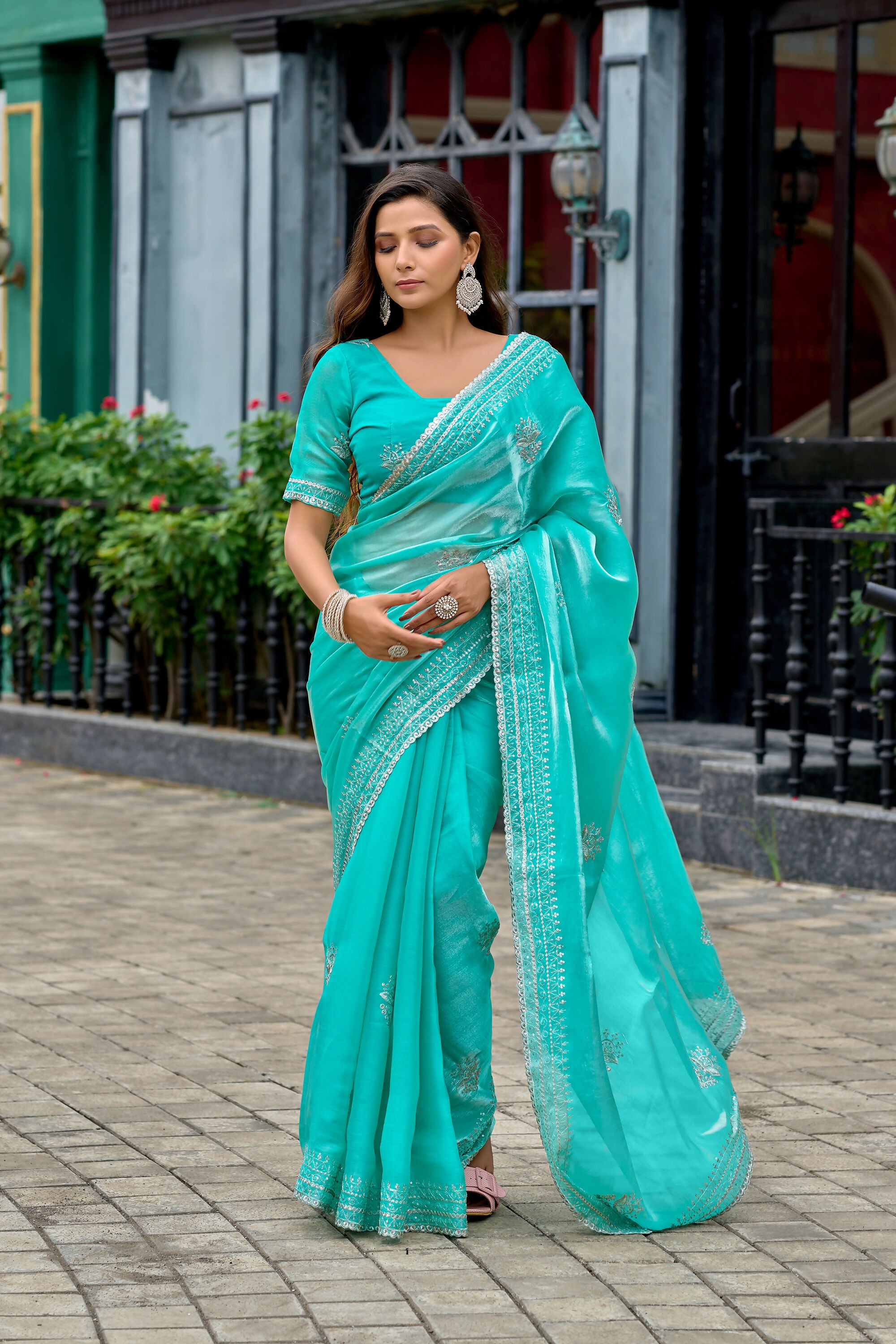 Vastranavya Turquoise Embroidery Work Shimmer Chiffon Saree with Unstitched Blouse - Distacart