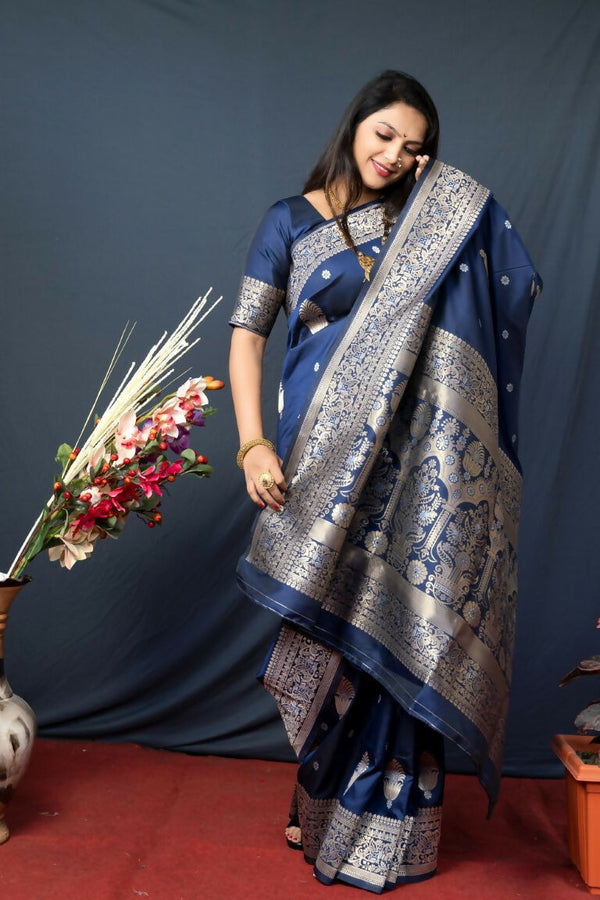 Jyoti Fashion Women's Navy Blue Paithani Silk Zari Woven Saree with Blouse - Distacart