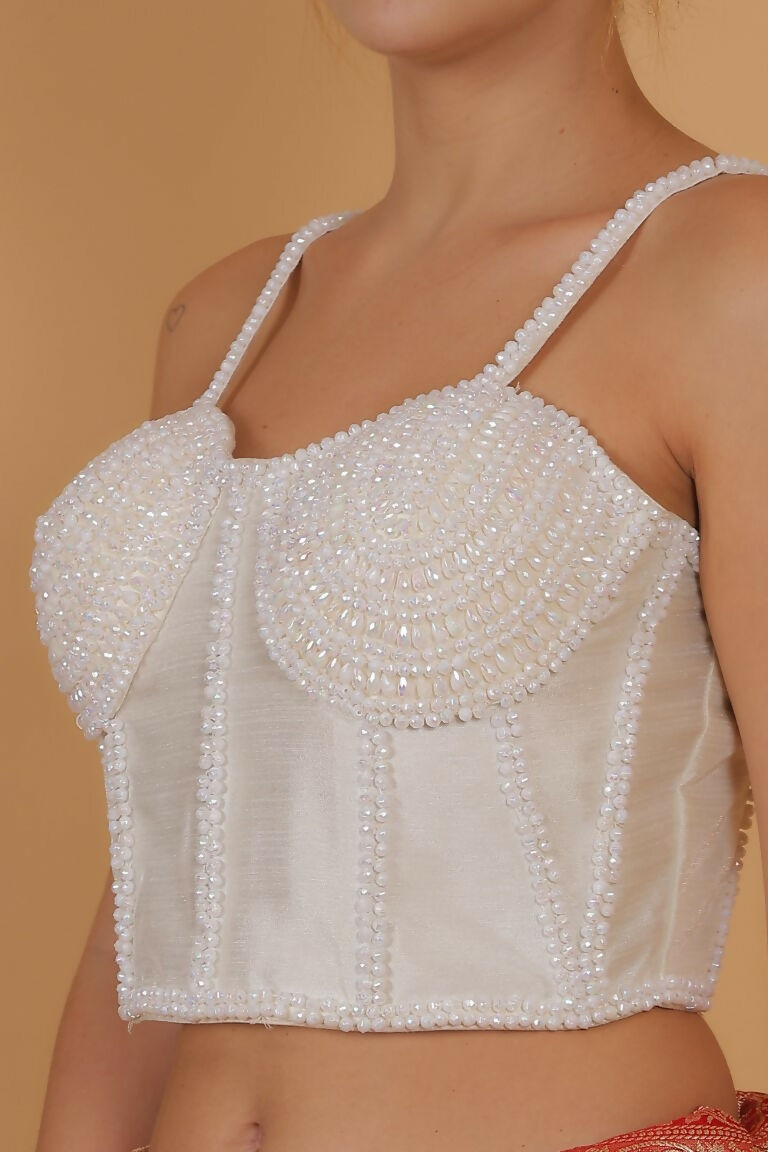 Joban Fashion Silk Pearl And Beads Hand Embroidery Padded Blouse - Pearl White