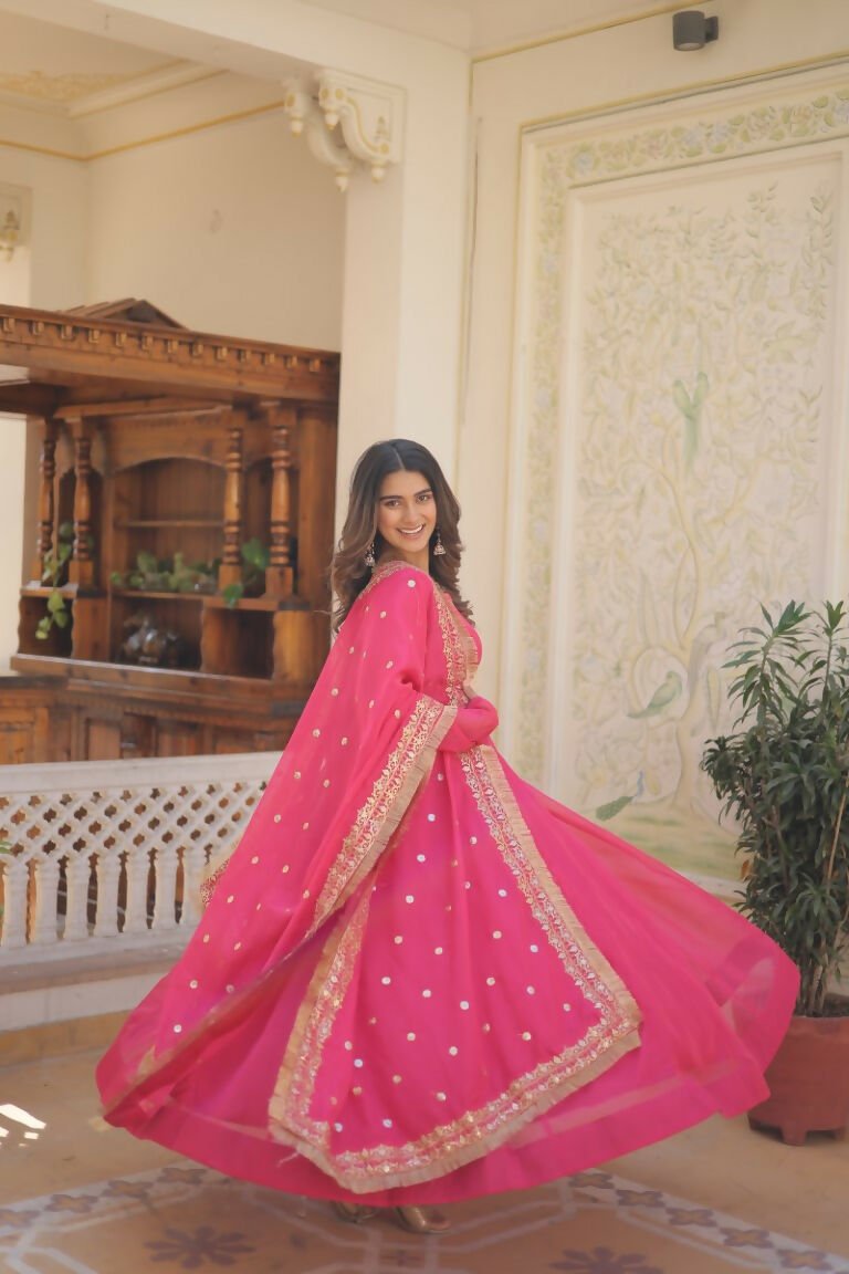 Aastha Fashion Women's Pink Russian Silk Kali Pattern Work in Flair Anarkali Dress with Dupatta - Distacart