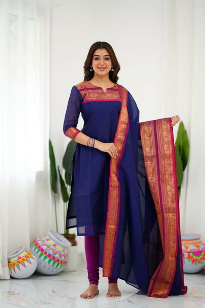 Divine Drape Women's Cotton Printed Straight Kurta With Dupatta - Blue