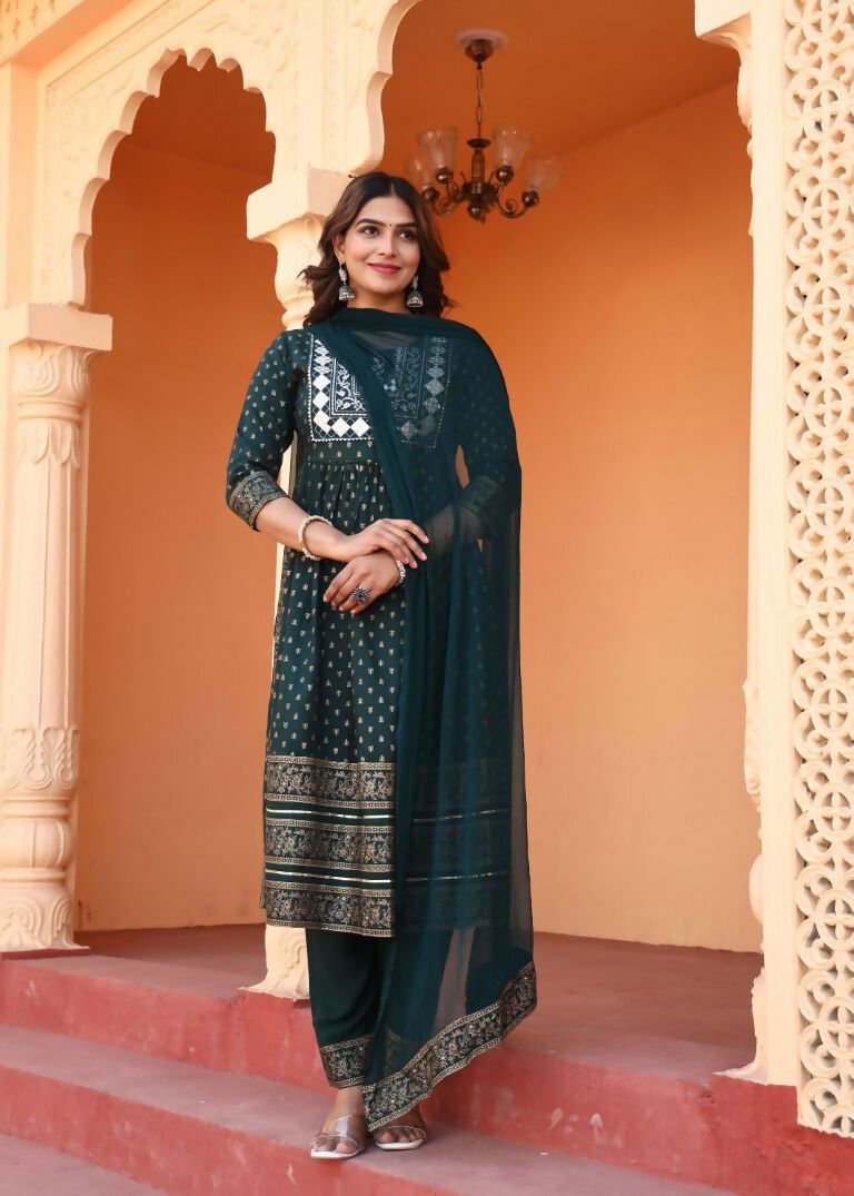 Alvano Women's Embroidery work Print Naira Cut Kurti with Pant and Dupatta set Rayon - Distacart