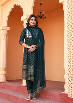 Thumbnail for Alvano Women's Embroidery work Print Naira Cut Kurti with Pant and Dupatta set Rayon - Distacart