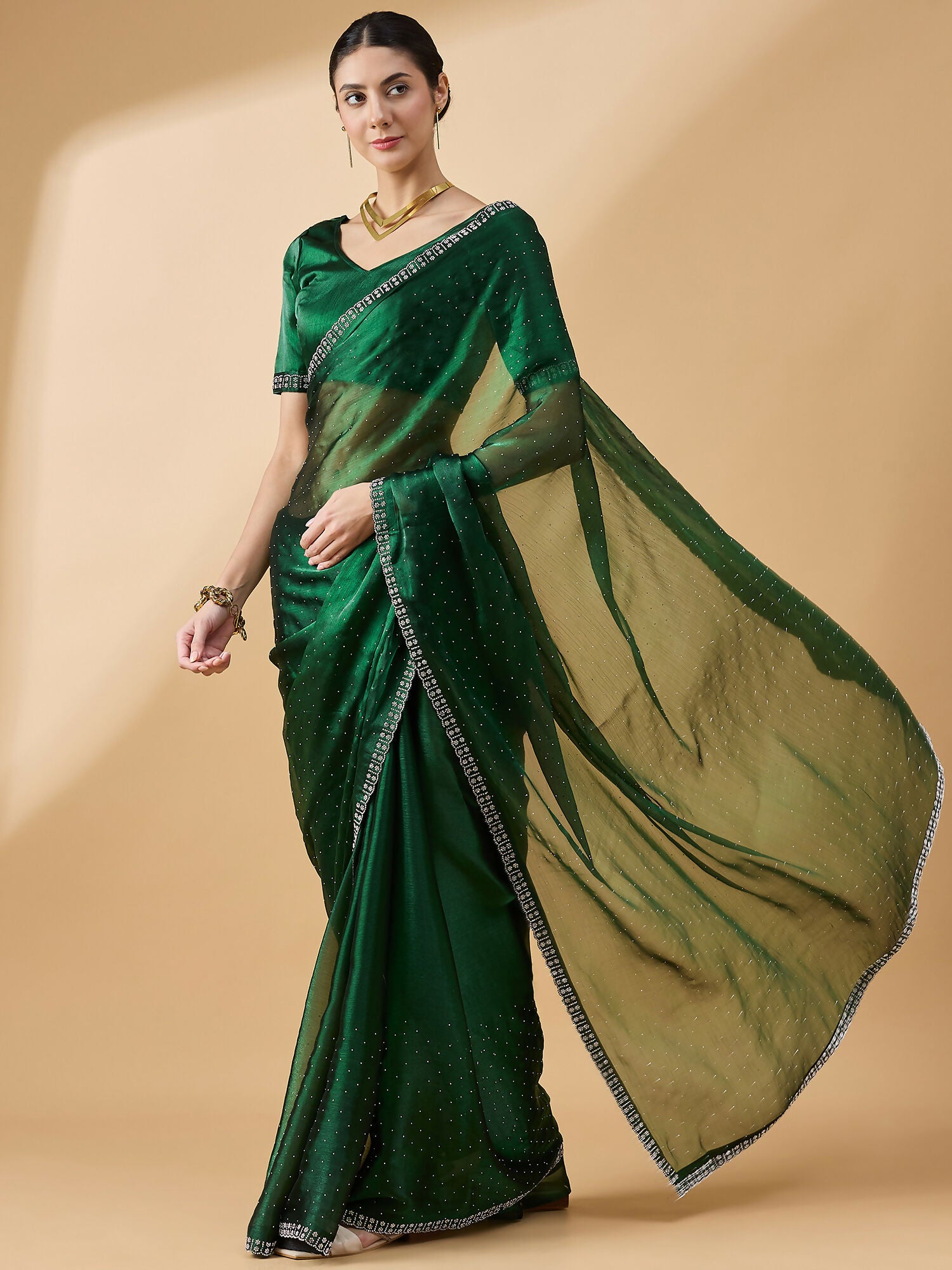 Green Organza Swaroski Diamond Work Saree with Unstitched Blouse - Radha - Distacart