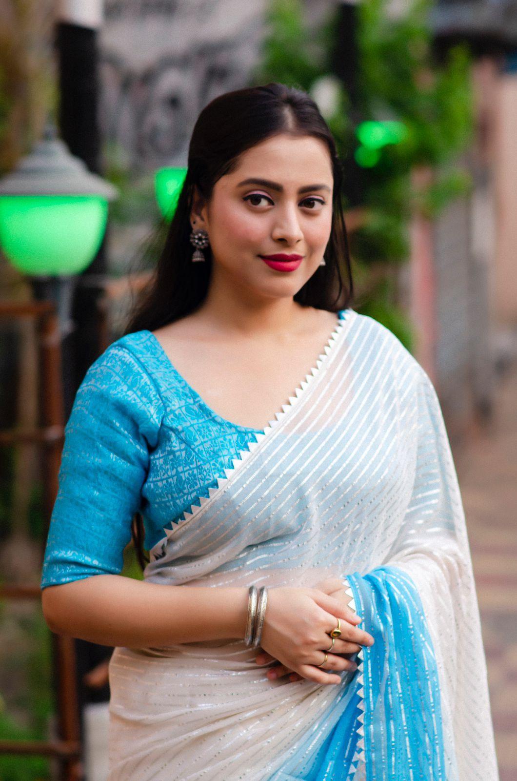 Blue Poly Chiffon Striped Saree with Unstitched Blouse - Hiral Fashion - Distacart