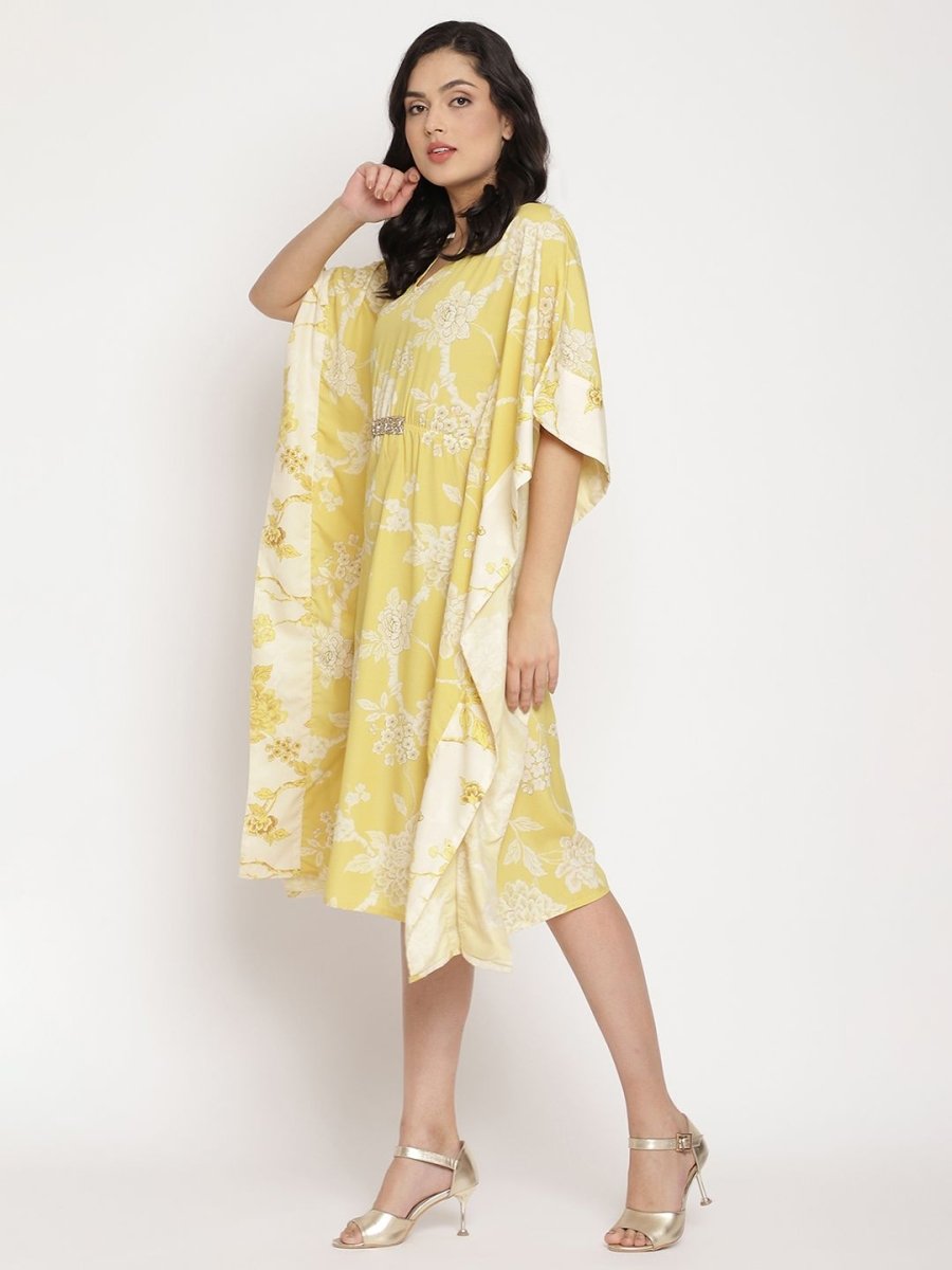 Ahalyaa Women Lime Green & Off White Floral Printed Flared Sleeves Floral Kaftan Kurta - Distacart