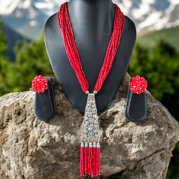 Inhanns Day-To-Dinner Tie Shaped Oxidized Black Metal Multi-Layered Long Necklace Set - Red - Distacart