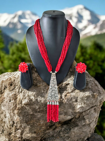 Inhanns Day-To-Dinner Tie Shaped Oxidized Black Metal Multi-Layered Long Necklace Set - Red - Distacart