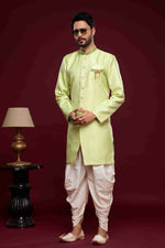 Thumbnail for Raivat Ethnic Banarasi Jacquard Embroidery Semi Indo Western Sherwani In Pista Green Colour