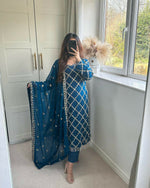 Thumbnail for Preksha Creation Indian Festival Special Women Faux Georgette Sequence Embroidered Work Top And Pant With Dupatta - Blue - Distacart