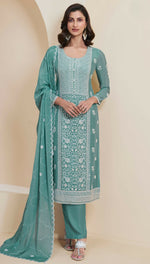 Thumbnail for Anaita Green Chinon Embroidered Thread Work Stitched Salwar Suit - Distacart