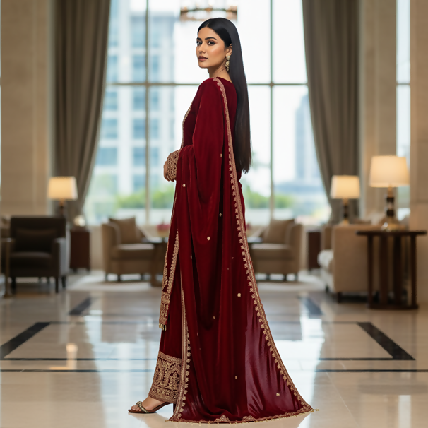 Teeya Creation Maroon Color Velvet Fabric Designer Embroidery Work Suit