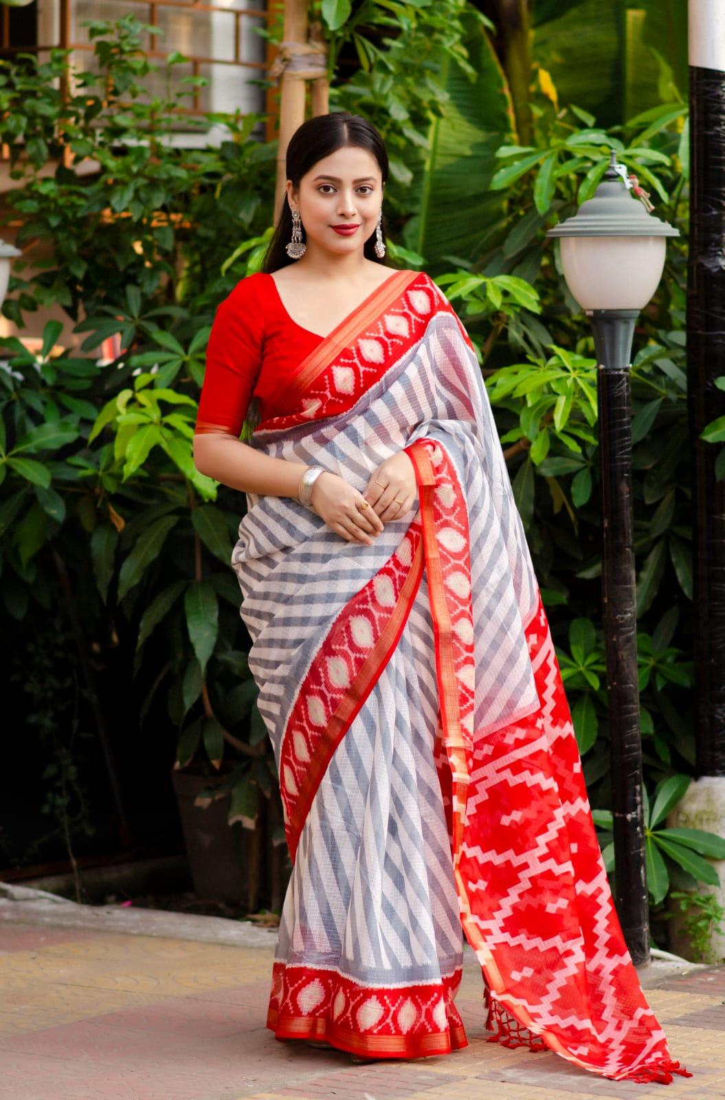 Grey Polycotton Ethnic Motifs Saree with Unstitched Blouse - A2M - Distacart