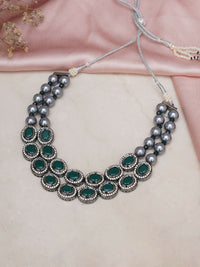 Thumbnail for Green Stone Kundan Neckpiece with Grey Stones (Grey) - Ruby Raang - Distacart