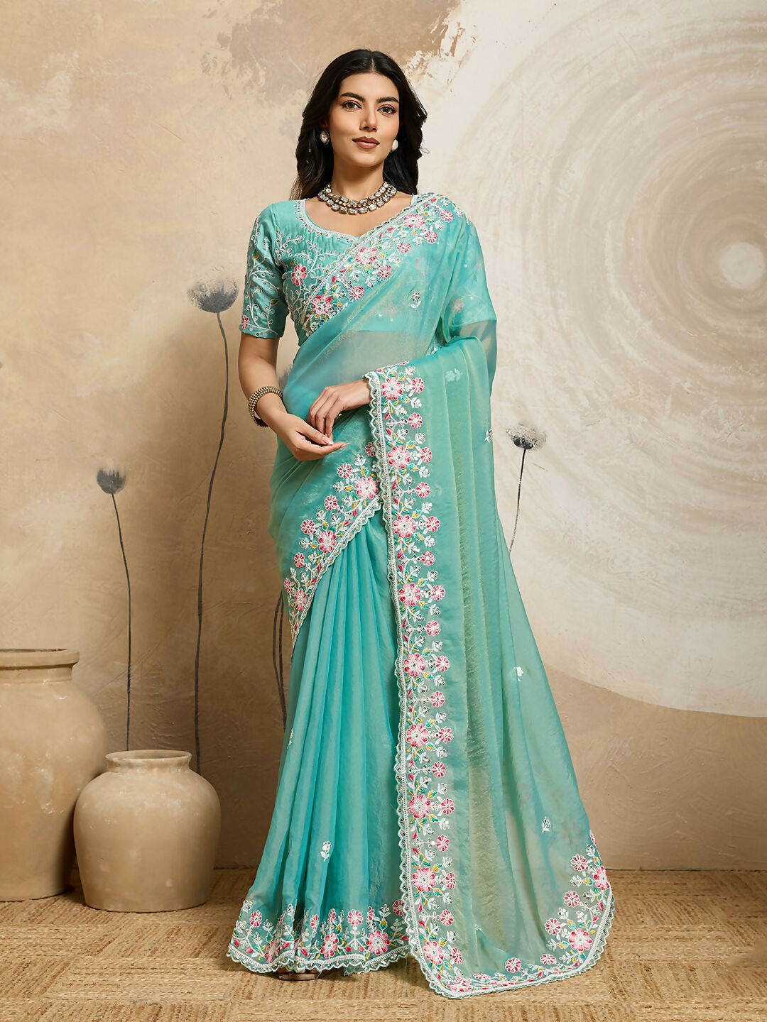Teeya Creation New Trendy Wedding Special Party Wear Soft Nxc Moss Chiffon Saree-Aqua_Blue - Dista